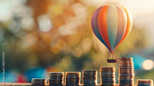 A sequence of coin stacks with a colorful hot air balloon lifting off in the background, depicting the potential heights of investment growth photo