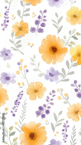 Vibrant floral pattern with yellow and purple flowers on white background