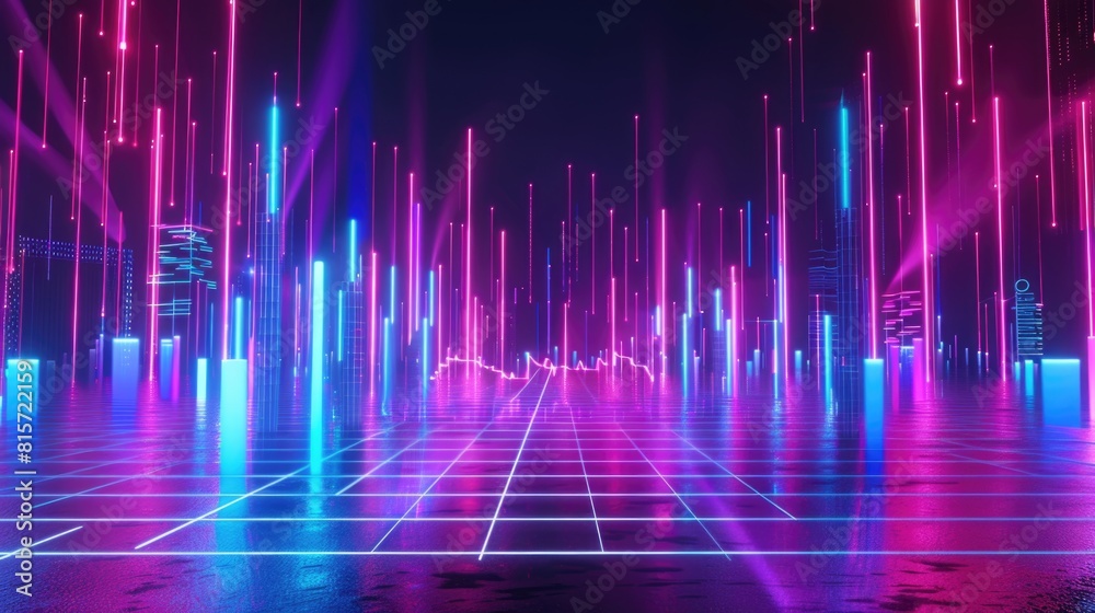 Neon cityscape with glowing vertical lights and reflective wet ground.