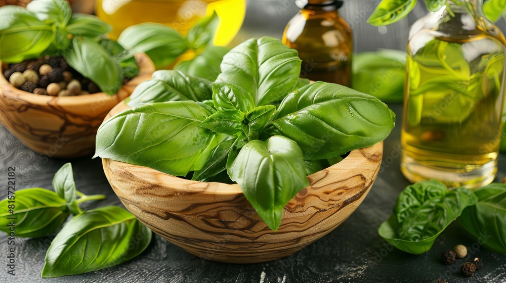 Fresh basil leaves in wooden bowl on kitchen table Fresh basil leaves in wooden bowl on kitchen table