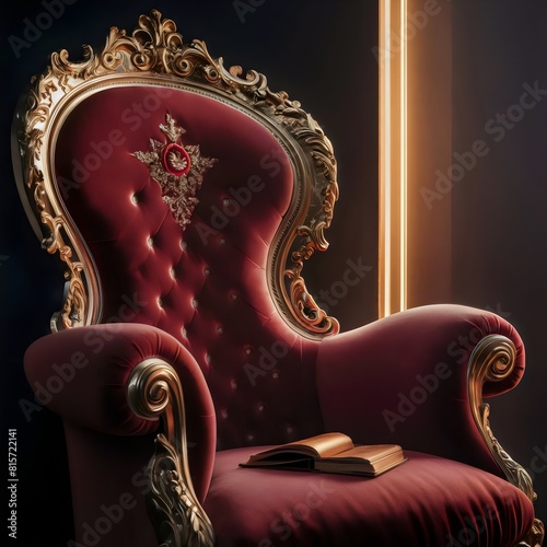 luxurious red armchair with luxurious red velvet fabric adorned with intricate golden embroidery, with an open book lying on the chair. cinematic photo