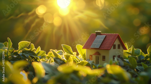 Model House on Green Leaves with Solar Panels.