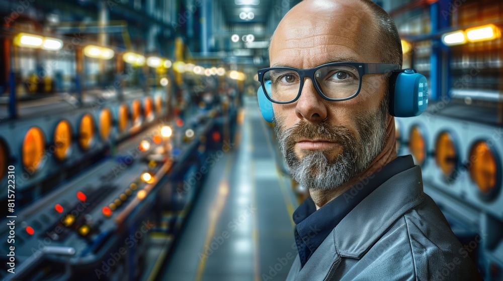 Portrait of a mature Caucasian man with a beard and glasses in a blue suit and headphones standing in an industrial factory. Portrait of a mature Caucasian man with a beard and glasses in a blue suit and headphones standing in an industrial factory.