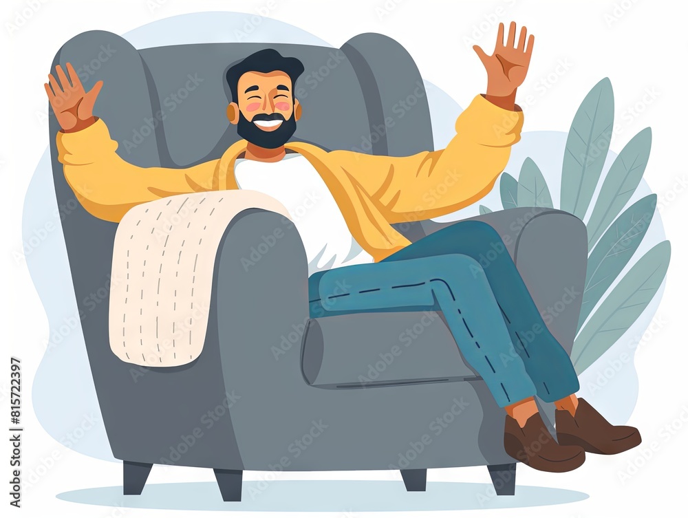 Obraz premium Cheerful bearded man waving from a cozy armchair