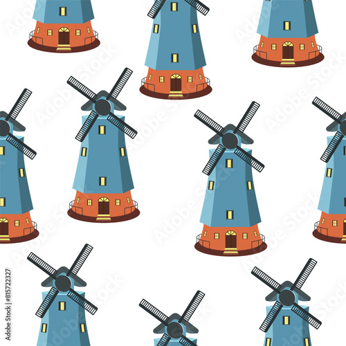 Seamless pattern of windmills on a white background.Vector pattern for textiles, wallpaper, packaging.
