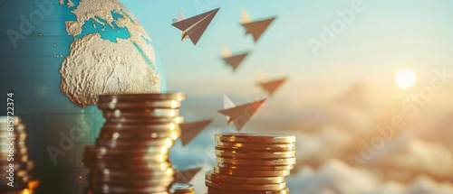 Several coin stacks in front of a world globe with paper planes circling around, set against a backdrop of open skies, symbolizing worldwide investment strategies