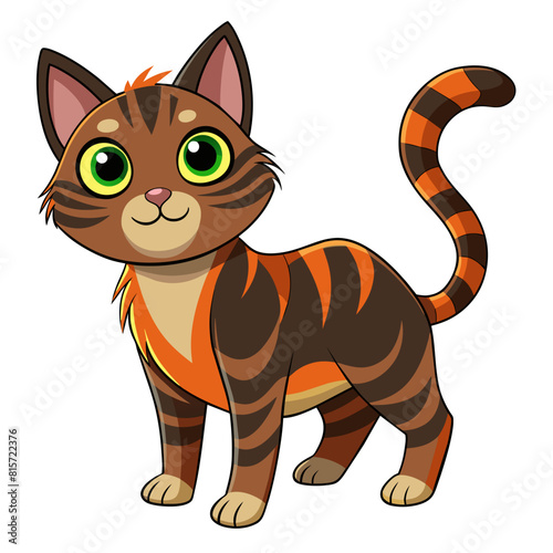 A cartoon cat with green eyes is standing on a white background