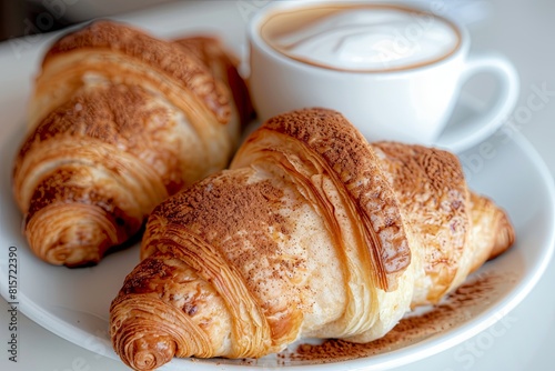 Freshly baked croissants with a cup of cappuccino on a white table