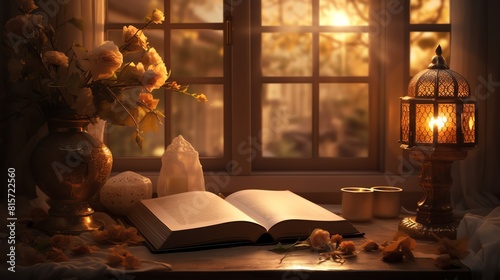A beautifuly lit room with a window, a book, a vase of flowers, and a lantern on a table photo