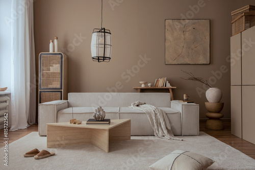 Elegant composition of warm living room interior with mock up poster frame  modular sofa  travertine coffee table  gray armchair  rattan sideboard  lamp and personal accessories. Home decor. Template.