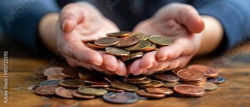 A conceptual photo with hands shielding a small pile of coins, on a solid background, symbolizing financial protection through insurance photo