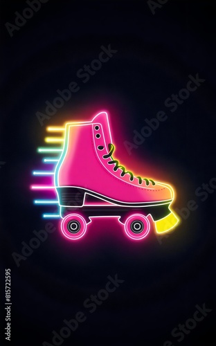 Pink neon glowing roller skate with retro streams of colors bleeding off the back background, Roller skates, skating, retro 1980