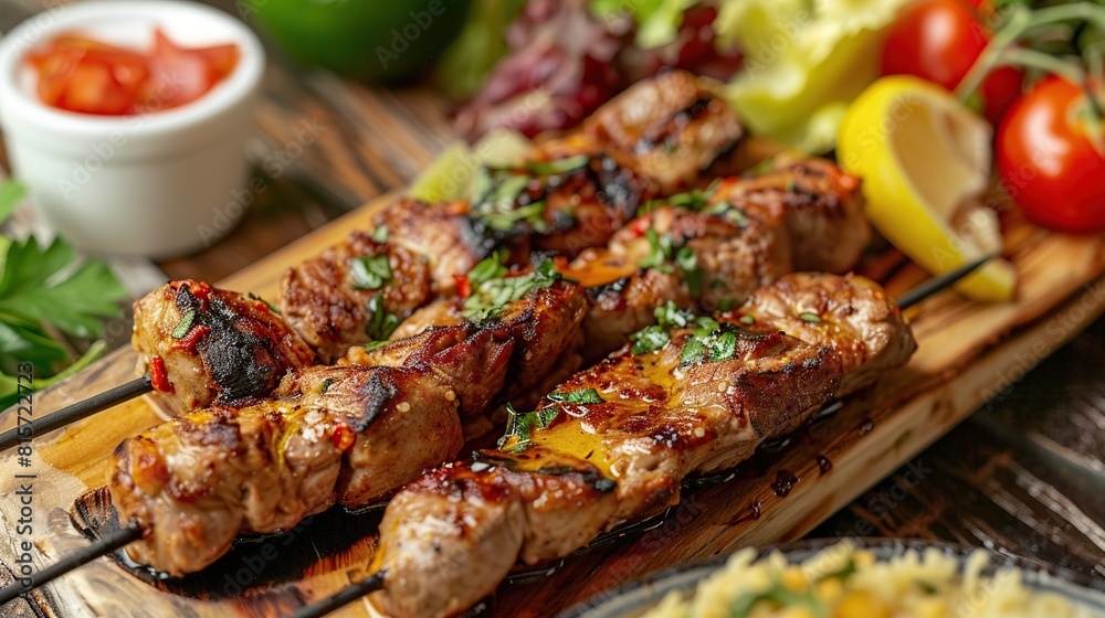 Fried souvlaki, greek salad and tzatziki on wooden table. AI Generative Fried souvlaki, greek salad and tzatziki on wooden table. AI Generative