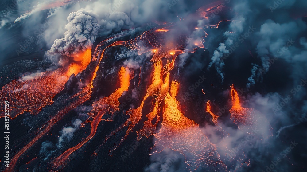 Lava flows from the crater in a fiery cascade of destruction and creation Lava flows from the crater in a fiery cascade of destruction and creation