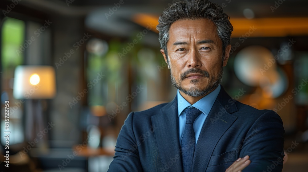 japanese businessman, short black hair, Age 50, beautiful face, arms crossed, blue tie, dark navy suit, looking at camera japanese businessman, short black hair, Age 50, beautiful face, arms crossed, blue tie, dark navy suit, looking at camera