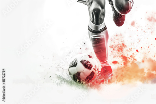 A soccer player kicks a ball on a field