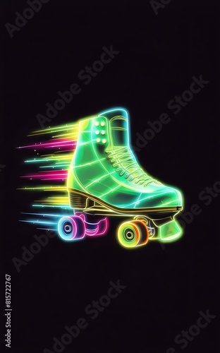 green neon glowing roller skate with retro streams of colors bleeding off the back background, illustration skates, skating, retro 1980