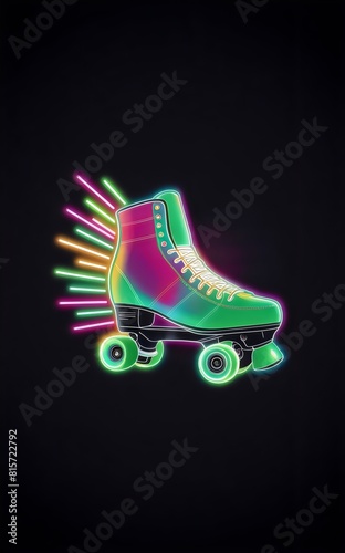 green neon glowing roller skate with retro streams of colors bleeding off the back background, skates, skating, retro 1980