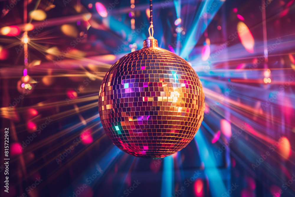 Obraz premium A disco ball is suspended from the ceiling at party, reflecting the lights