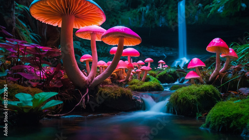 Fantasy magical Mushrooms glade in enchanted fairy tale dreamy elf Forest, fairytale rose flower garden and butterflies on mysterious background,
