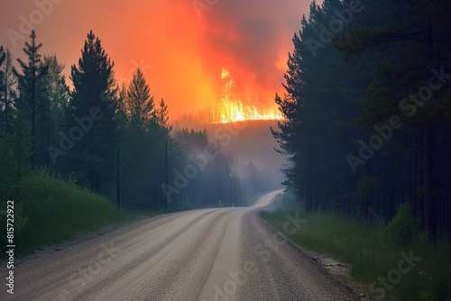 A forest fire is raging through a forest with smoke