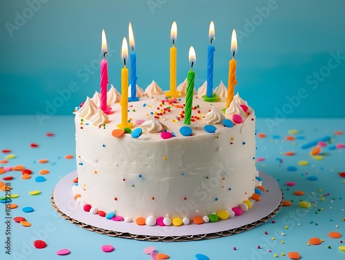 A simple white birthday cake with colorful candles on top is centered against an isolated blue background