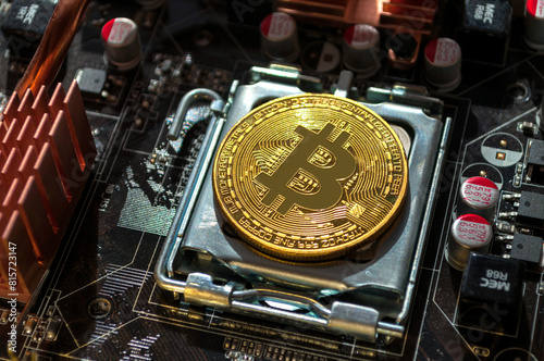 Golden physycal bitcoin among the computer components. Business concept of digital cryptocurrency photo