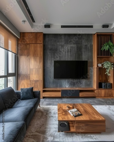 Design a modern living room with wood and stone accents