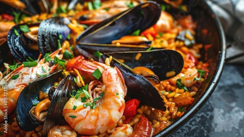 Fototapeta Naklejka Na Ścianę i Meble -  Colorful Seafood Paella in Traditional Pan