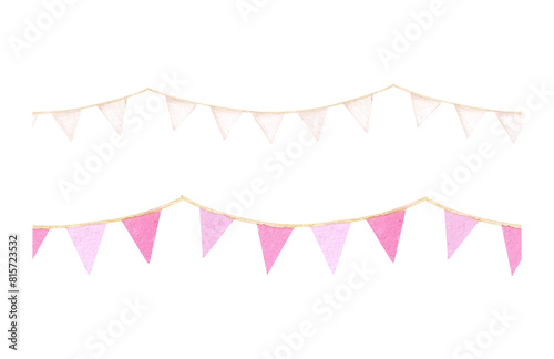 Set watercolor seamless border with a garland of white flags isolated on a white background. Festive banner with cream and pink colored flags. Design and design of adhesive tape, ribbons, scrapbooking