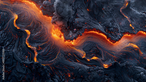 Intense heat and flowing lava in volcanic eruption, captured from above in thermal image.