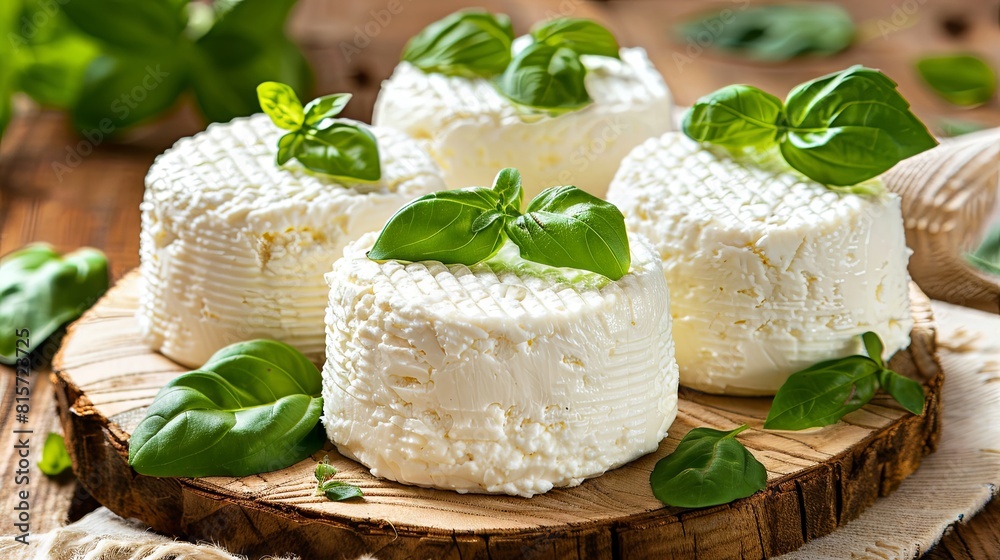 Fresh ricotta cheese with basil on wooden board
