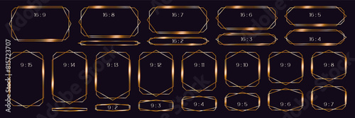 set gold line frames rectangular shape, thin luxury borders in art deco style, 16:9 formats for textbox, app