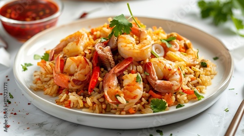 Stir fried rice with shrimp and squid with chilli sauce on white plate. AI Generative
