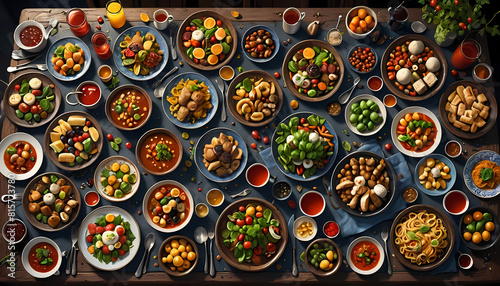 Table filled with food and dishes Background photo