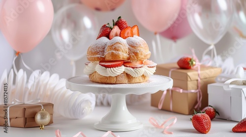 Strawberry cream puff displayed on white cake stand with balloons and gift boxes. AI Generative