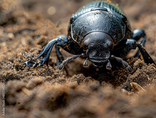 A closeup photograph of a black beetle on the ground. The beetle is in focus and the background is blurred. © Rainister