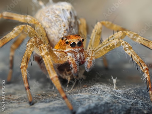 A close up of a yellow and brown spider on a stone surface. The spider has eight legs and two large eyes.