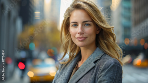 Elegant female businesswoman standing on a busy city street