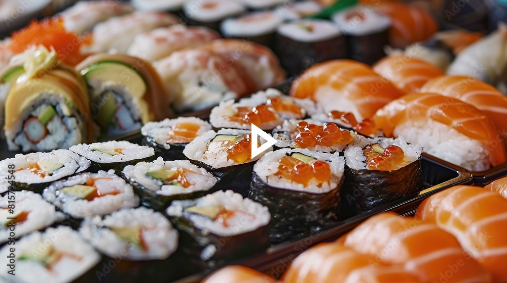 japanese sushi food. Maki ands rolls with tuna, salmon, shrimp, crab and avocado. AI Generative japanese sushi food. Maki ands rolls with tuna, salmon, shrimp, crab and avocado. AI Generative