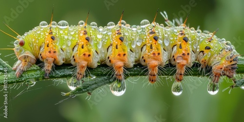 A green and yellow caterpillar with water droplets on its back. The caterpillar is on a green stem. The background is green.