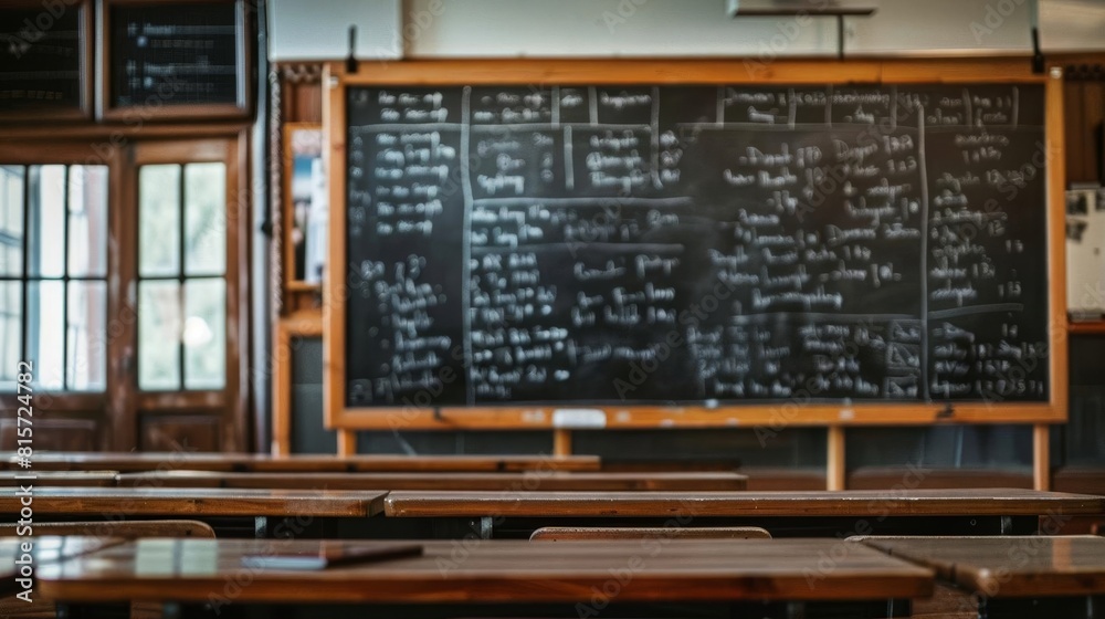 A closeup of a chalkboard with a detailed schedule for classes, emphasizing time management and efficiency, with no one in the room A closeup of a chalkboard with a detailed schedule for classes, emphasizing time management and efficiency, with no one in the room