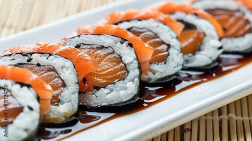 Sushi, salmon for eating with soy sauce. AI Generative