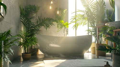 Stylish bathroom interior with modern tub and beautiful houseplants Home design   Generative AI