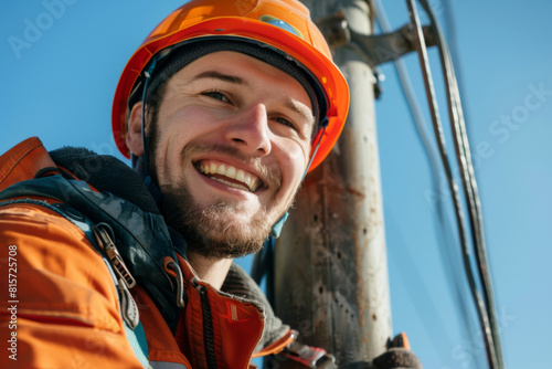 Professional electrician with a smile working on utility pole against a clear blue sky, showcasing expertise in electrical maintenance