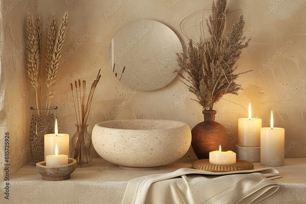 Serene sand-toned spa setting with candles and natural decor Serene sand-toned spa setting with candles and natural decor