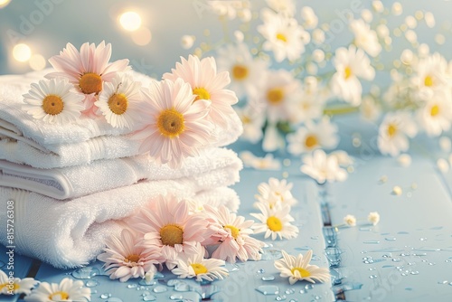 Tranquil spa setting with fresh towels and daisy flowers