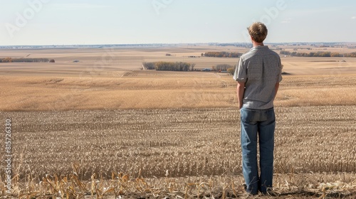a heroic young American farmer, clad in a shirt and jeans, stands proudly before an endless cornfield stretching to the horizon, his arms crossed and gaze peacefully fixed upon the distant landscape. © lililia