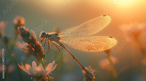 Experience the ethereal beauty of a translucent damselfly as it rests upon a delicate blade of grass, its wings catching the first rays of dawn.