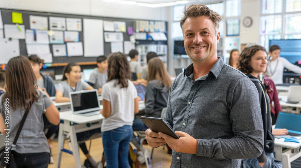 Teacher standing in front and holding a tablet, with students working at computers behind him Teacher standing in front and holding a tablet, with students working at computers behind him